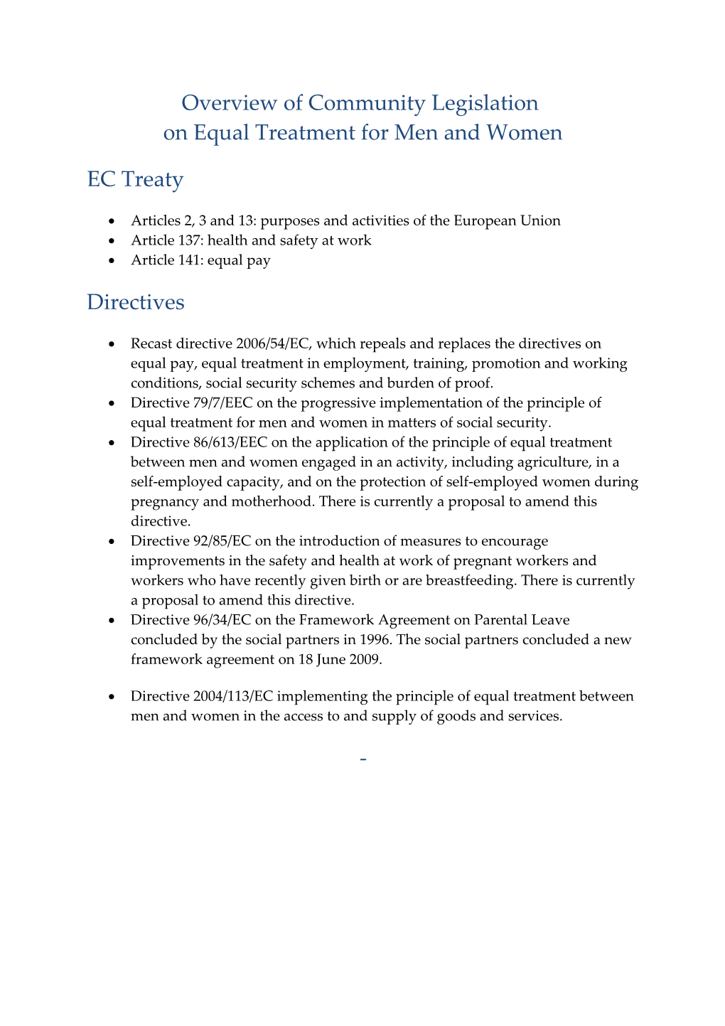 Overview of Community Legislation on Equal Treatment for Men and Women