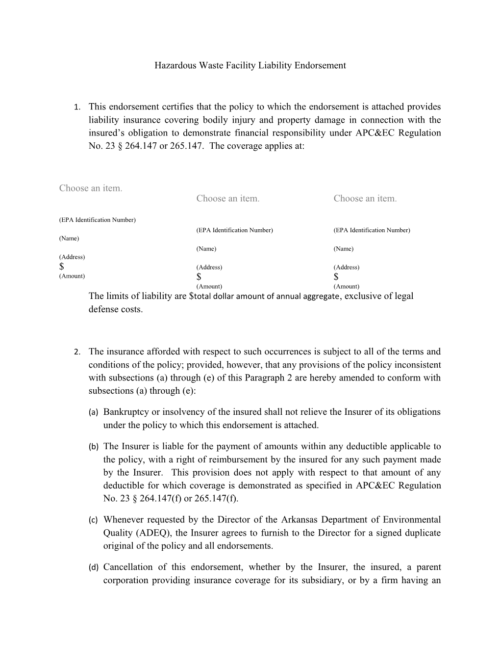 Hazardous Waste Facilityliability Endorsement