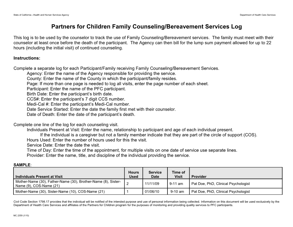 Partners for Children Family Counseling/Bereavement Services Log