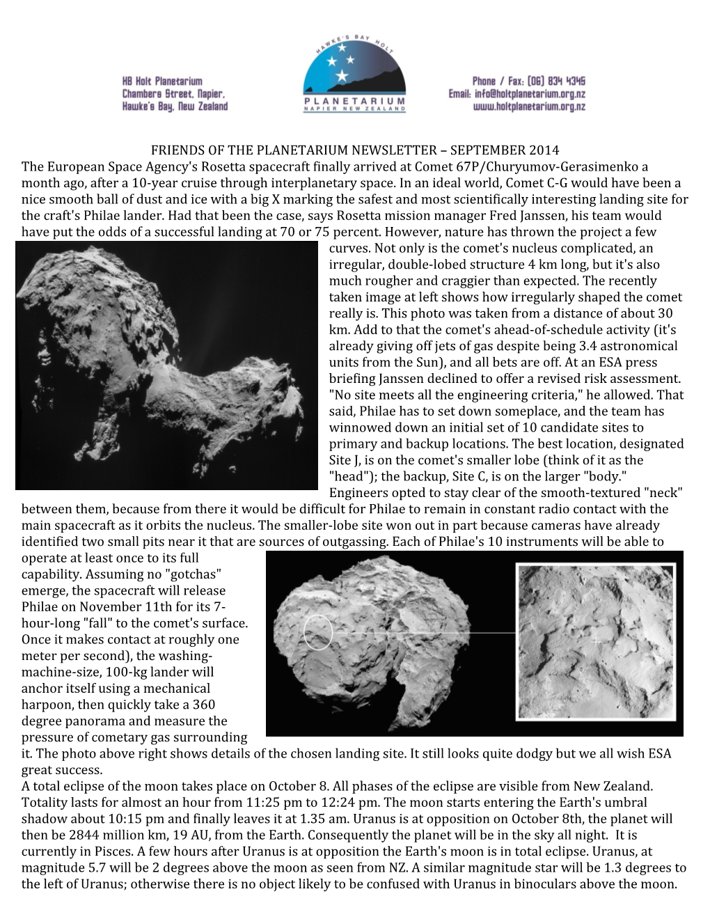 Friends of the Planetarium Newsletter September 2014