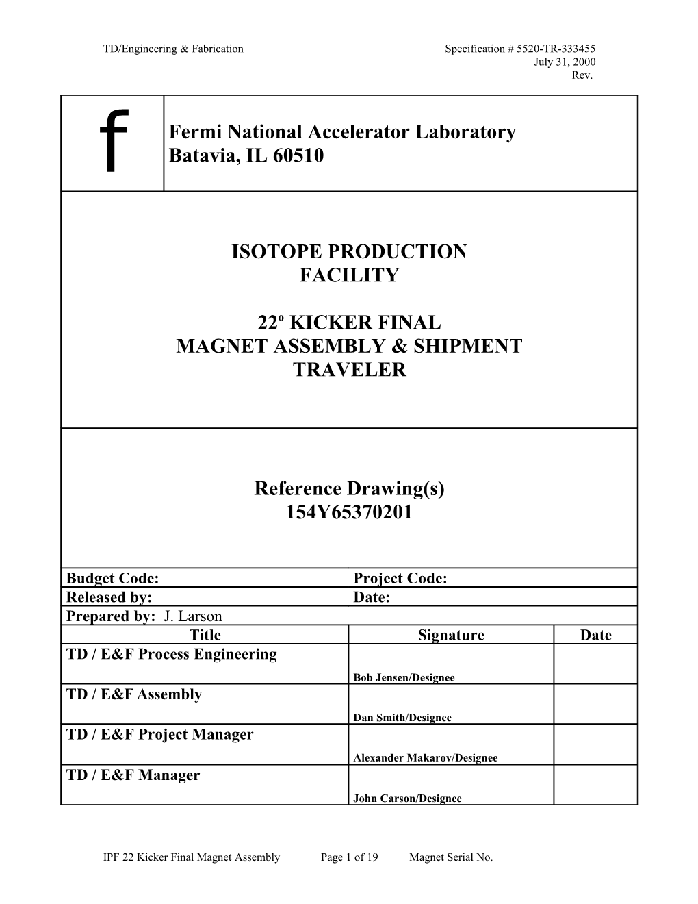 TD/Engineering & Fabricationspecification # 5520-TR-333455