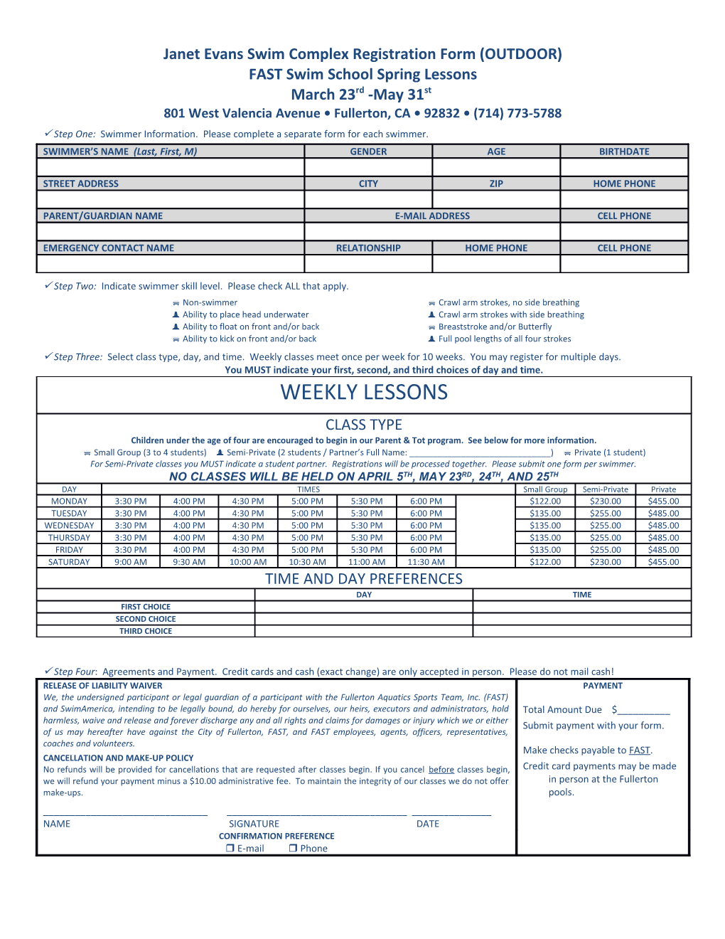 Janet Evans Swim Complex Registration Form (OUTDOOR)