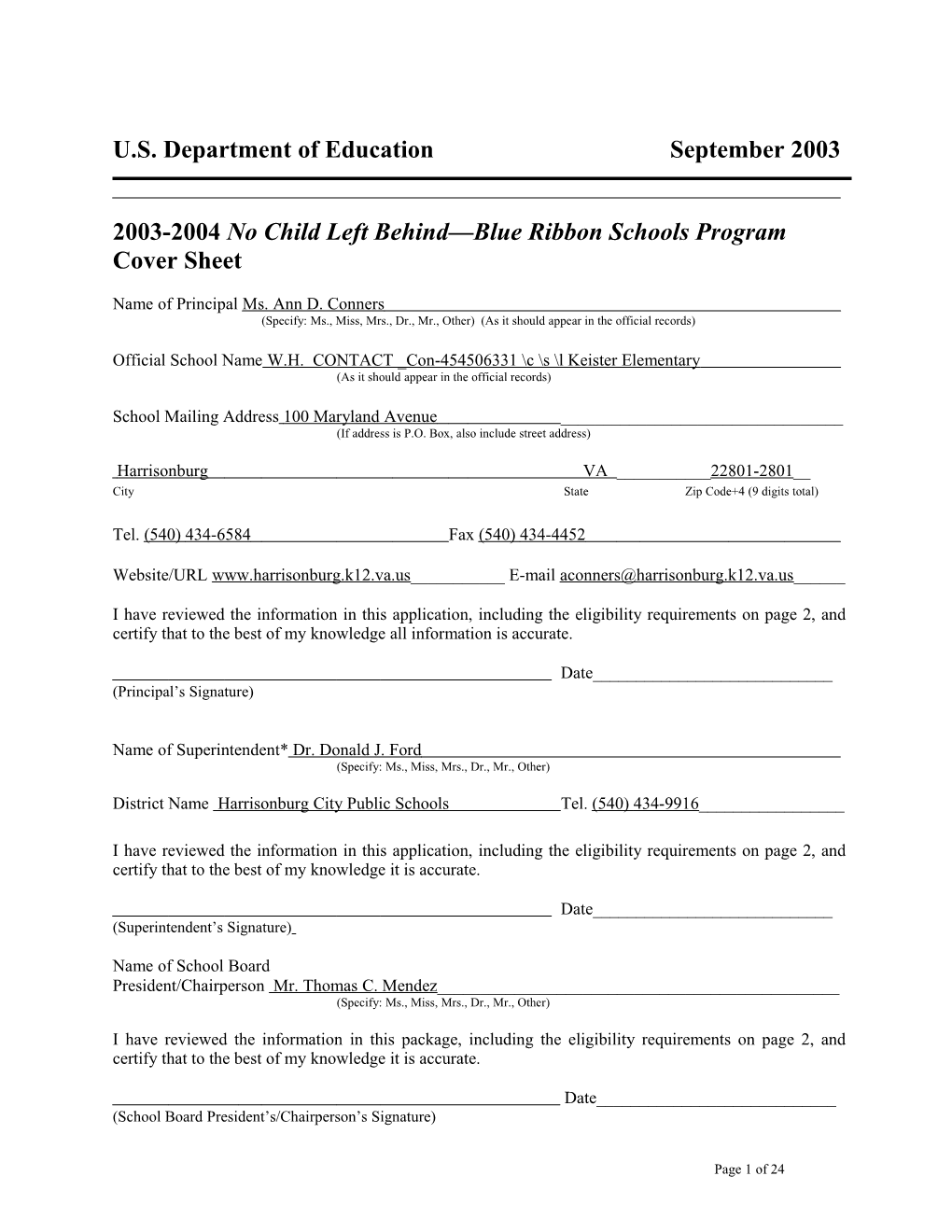 W.H. Keister Elementary School 2004 No Child Left Behind-Blue Ribbon School Application (Msword)