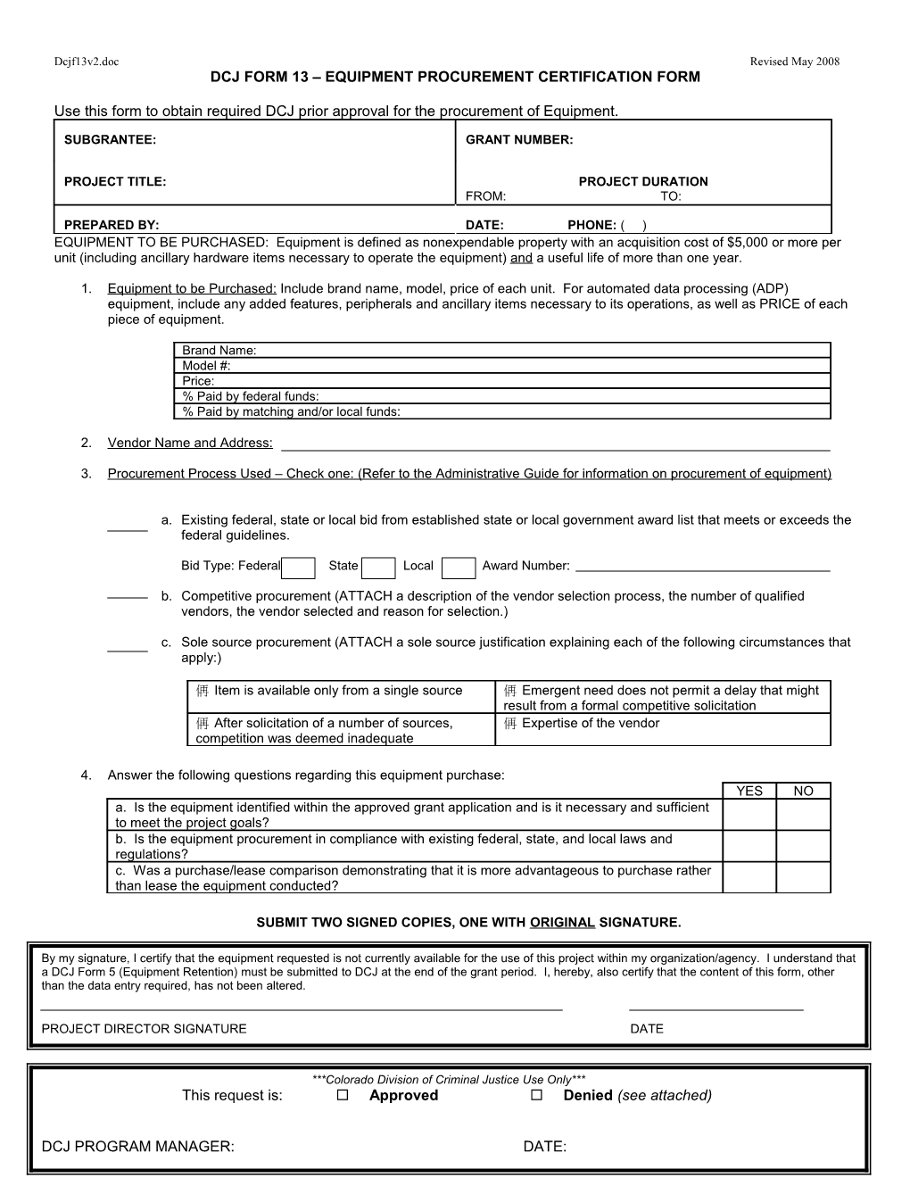 Dcj Form 13 Equipment Procurement Certification Form