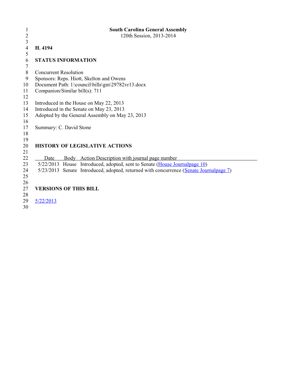 2013-2014 Bill 4194: C. David Stone - South Carolina Legislature Online