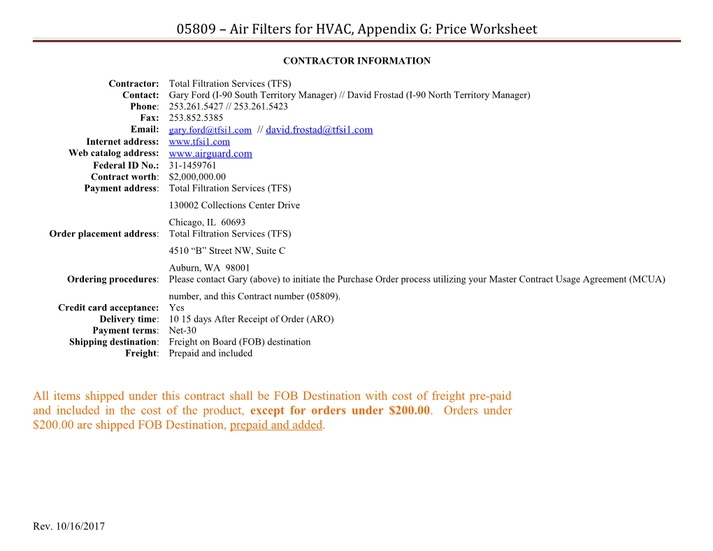 05809 Air Filters for HVAC, Appendix G: Price Worksheet