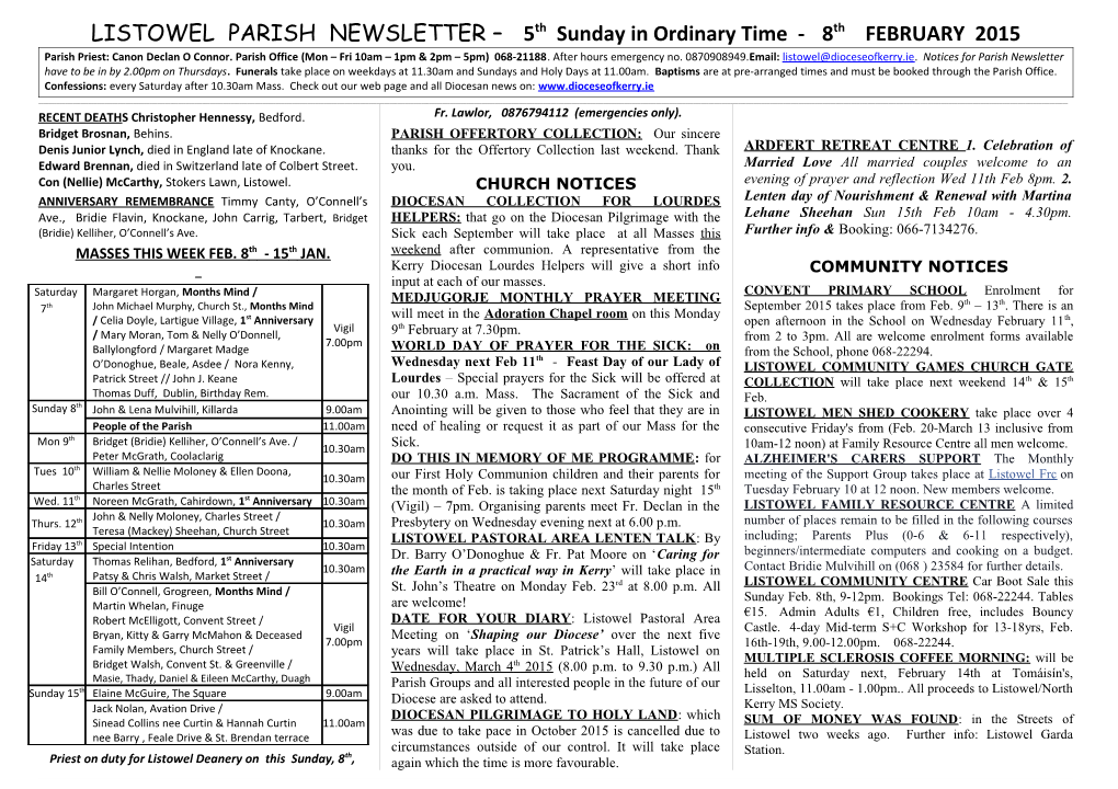 LISTOWEL PARISH NEWSLETTER 5Th Sunday in Ordinary Time - 8Th FEBRUARY 2015