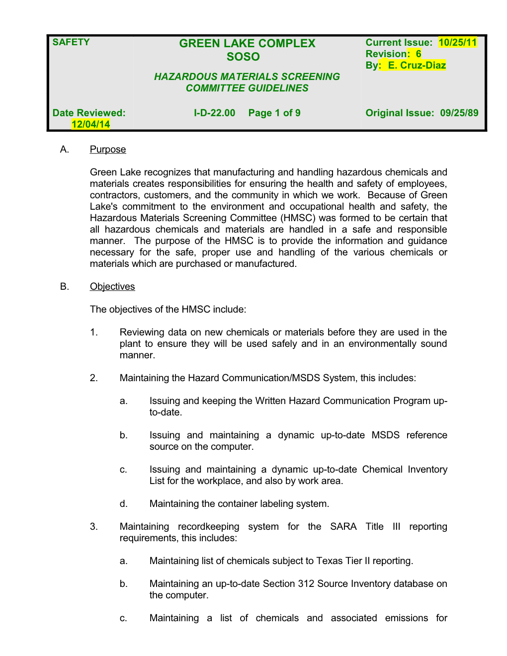 Hazardous Materials Screening Committee Guidelines