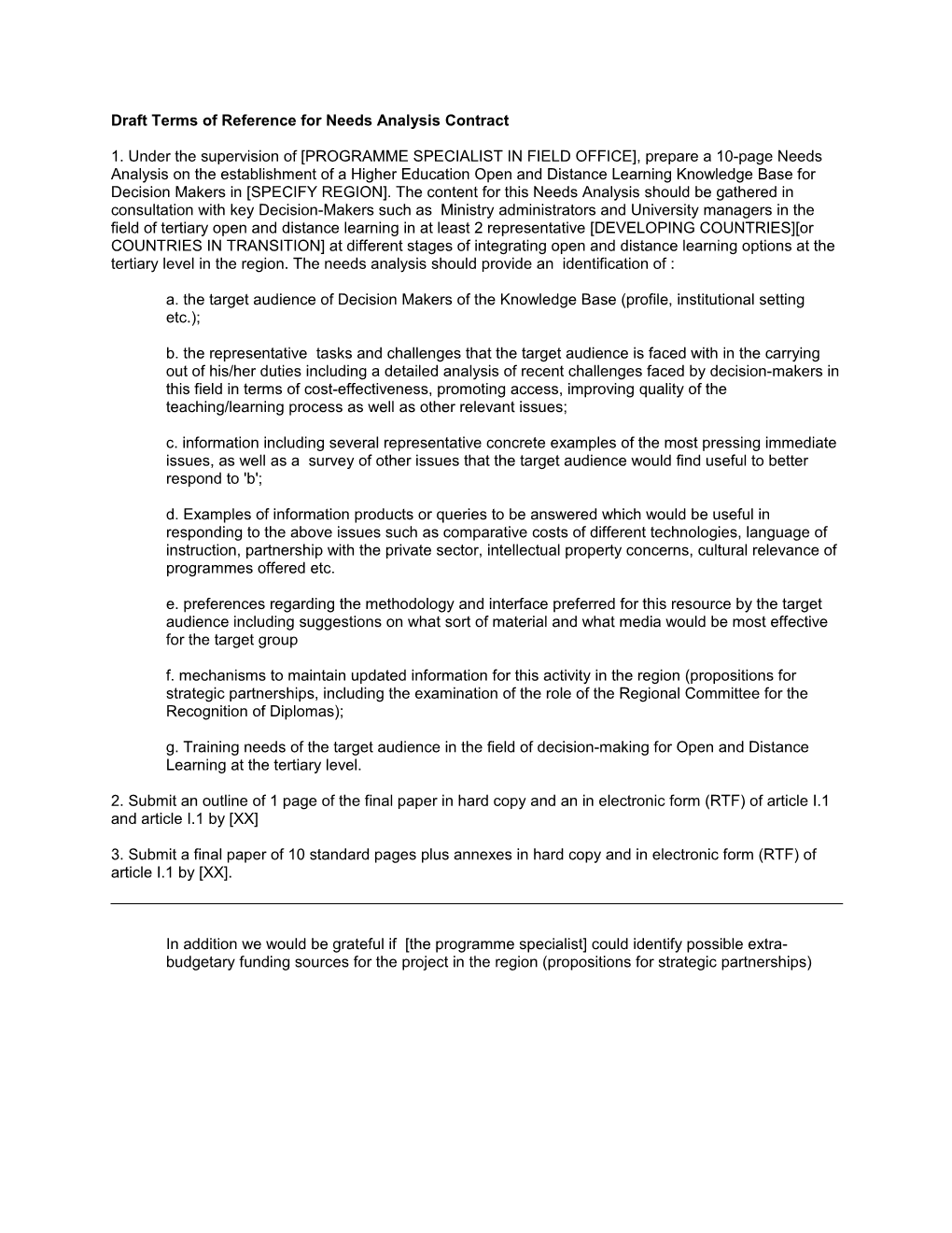 Draft Terms of Reference for Needs Analysis Contract