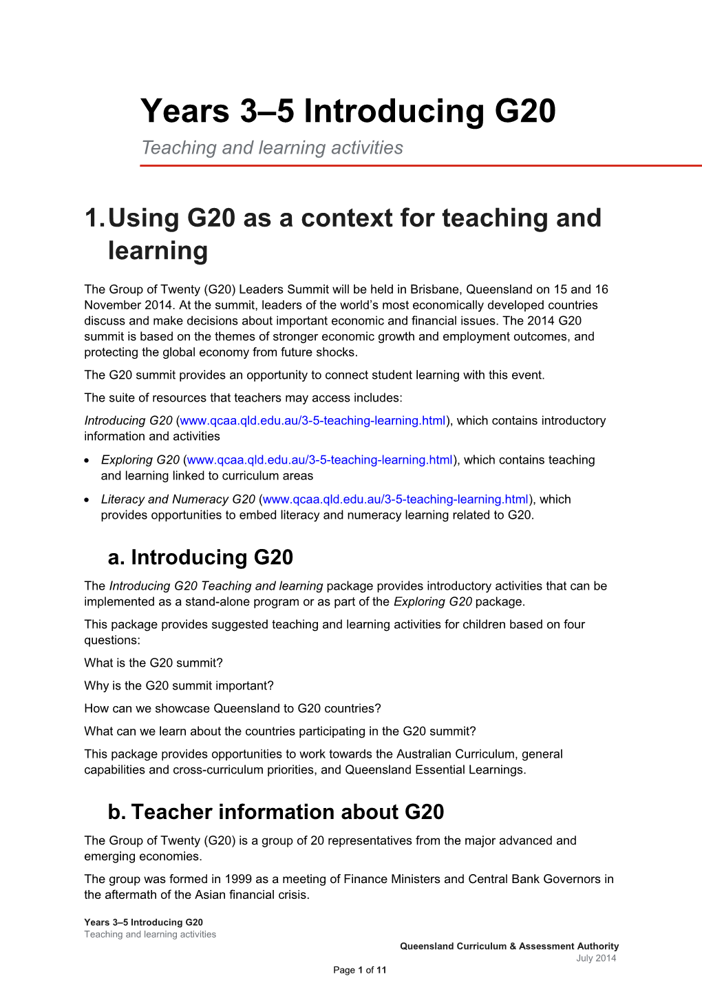 QCAA 3-5 Introducing G20 Teaching and Learning Resource