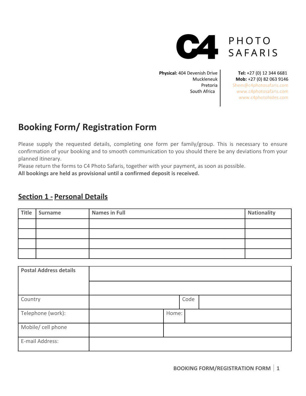 Booking Form/ Registration Form