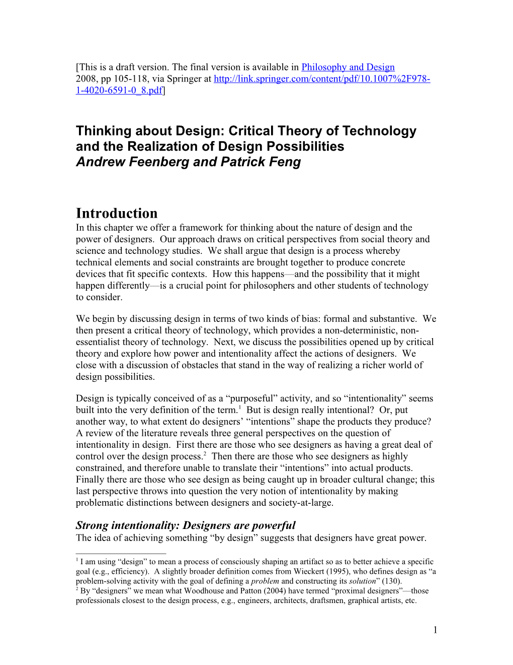 Thinking About Design: Critical Theory of Technology and the Realization of Design Possibilities