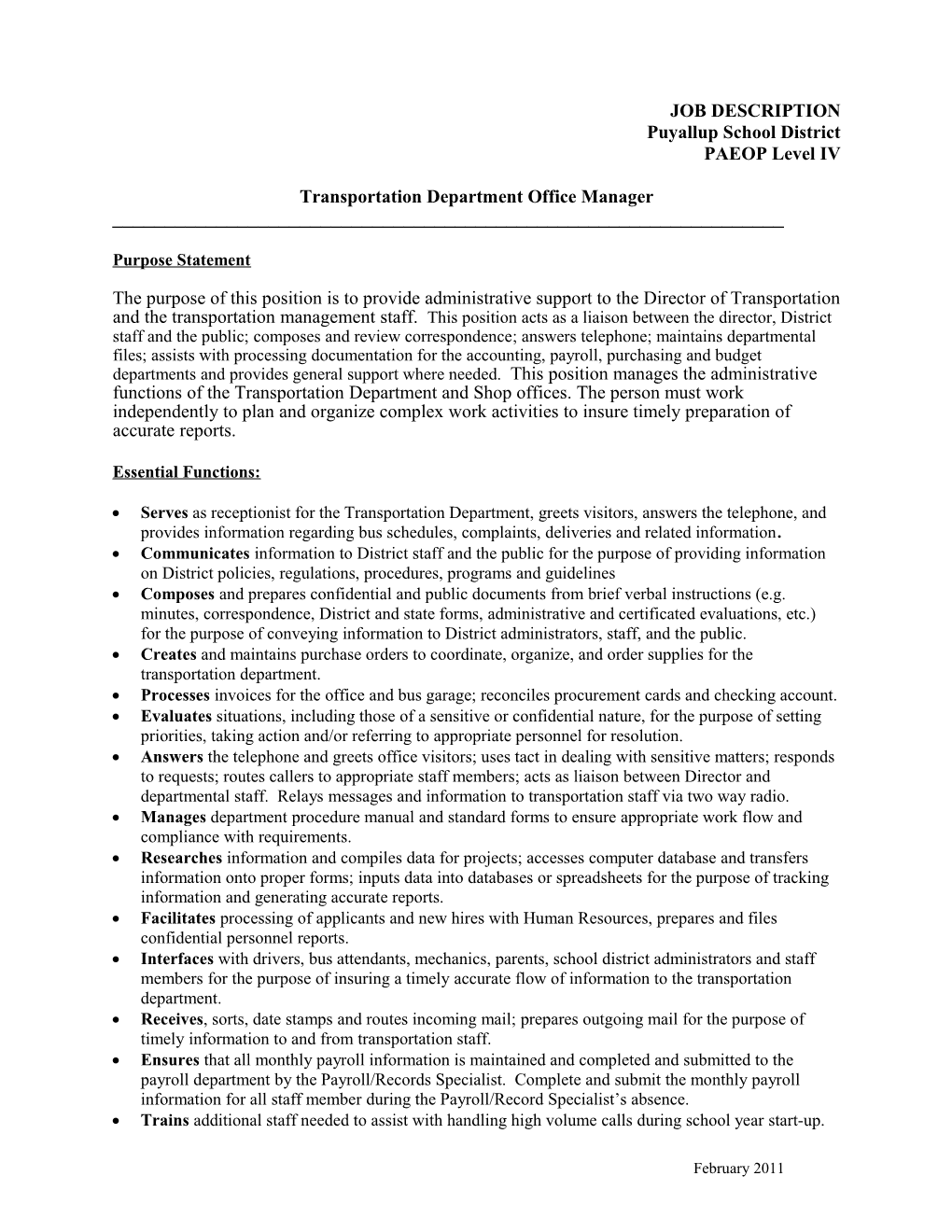 Transportation Department Office Manager