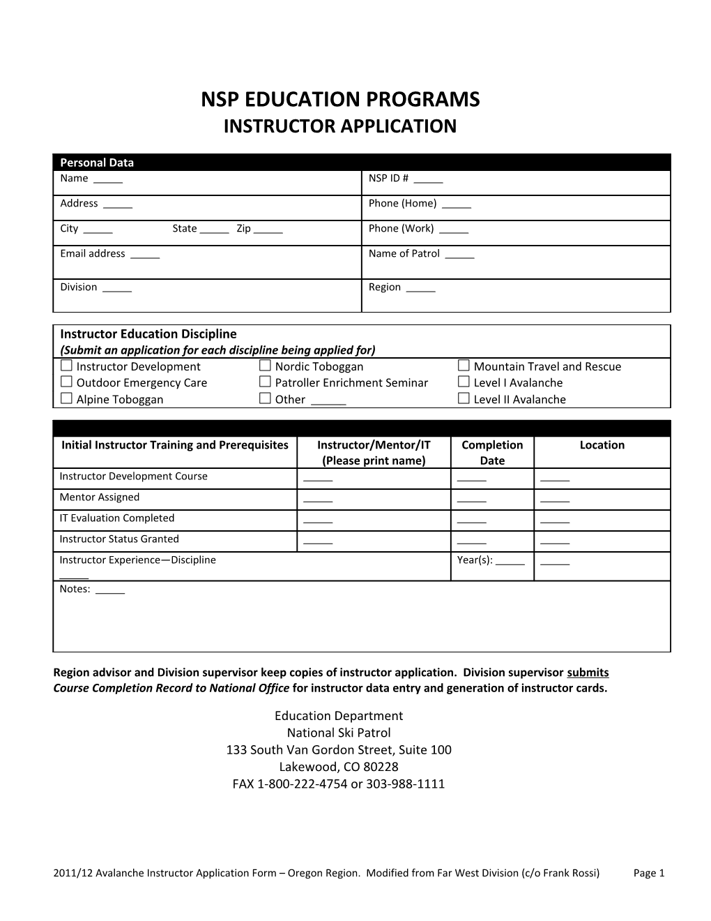 NSP Instructor Mentoring Completion Form
