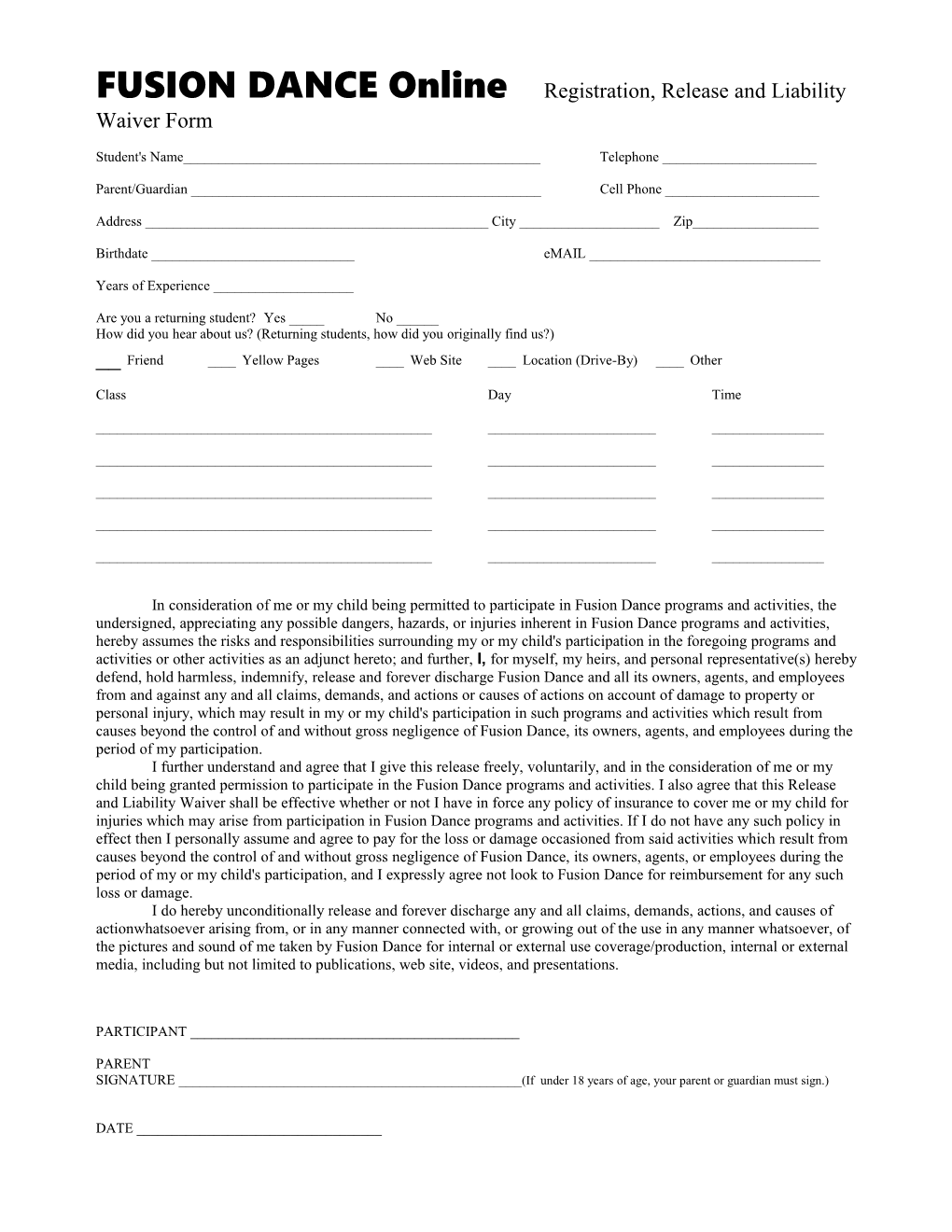 FUSION DANCE Online Registration, Release and Liability Waiver Form