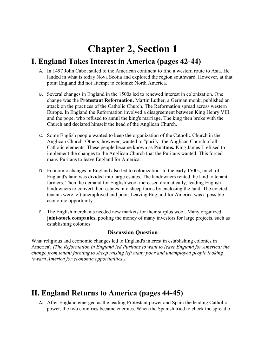 I. England Takes Interest in America (Pages 42-44)