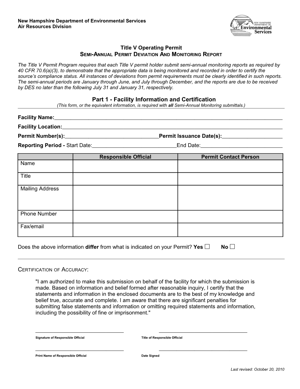 Title V Semi-Annual Permit Deviation and Monitoring Report Forms