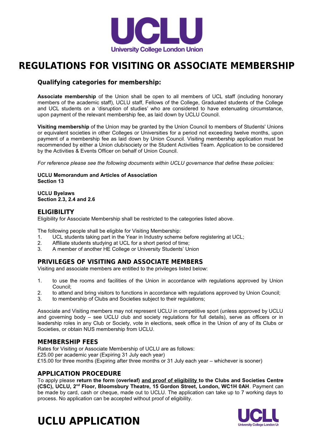 Regulations for Visiting Or Associate Membership