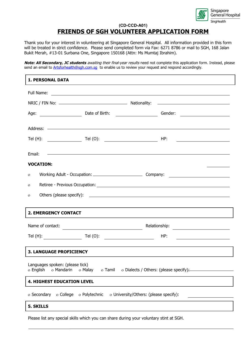 Friends of Sgh Volunteer Application Form