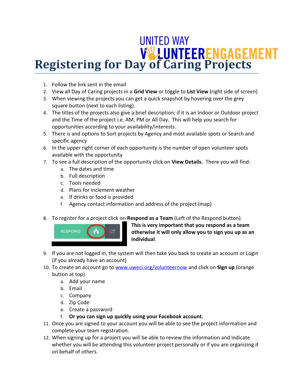 Registering for Day of Caring Projects