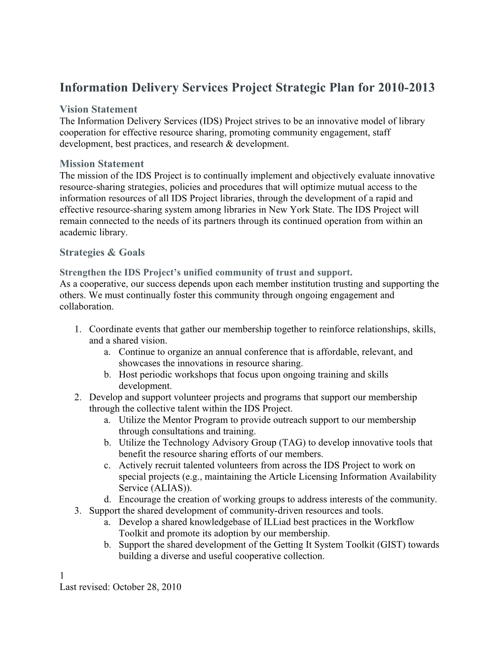 Information Delivery Services Project Strategic Plan for 2010-2013