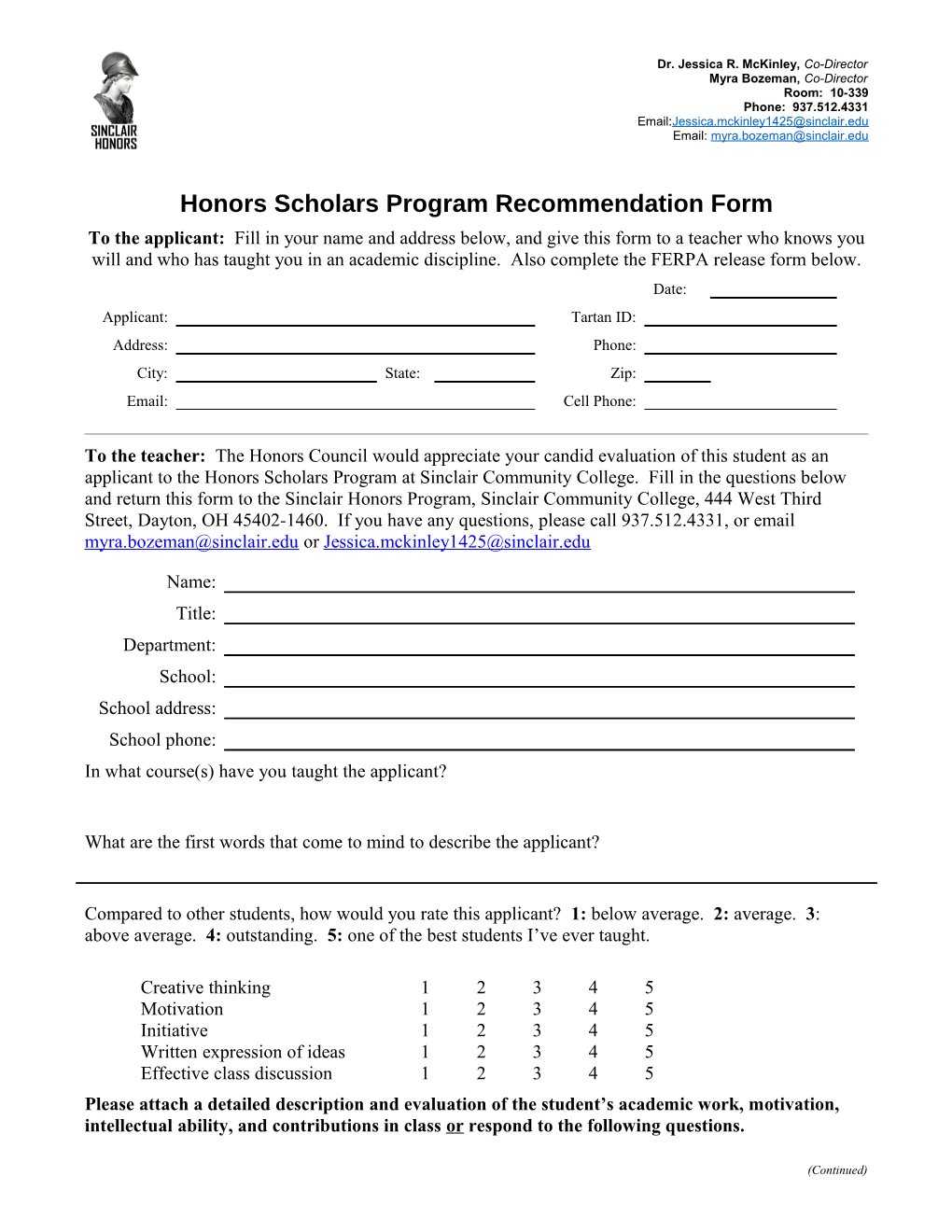 Honors Program Application Form