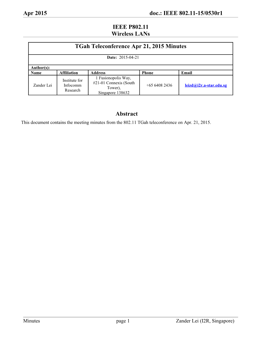 Apr 2015 Doc.: IEEE 802.11-15/ 0530R1 Doc.: IEEE 802.11-15/ 0530R0