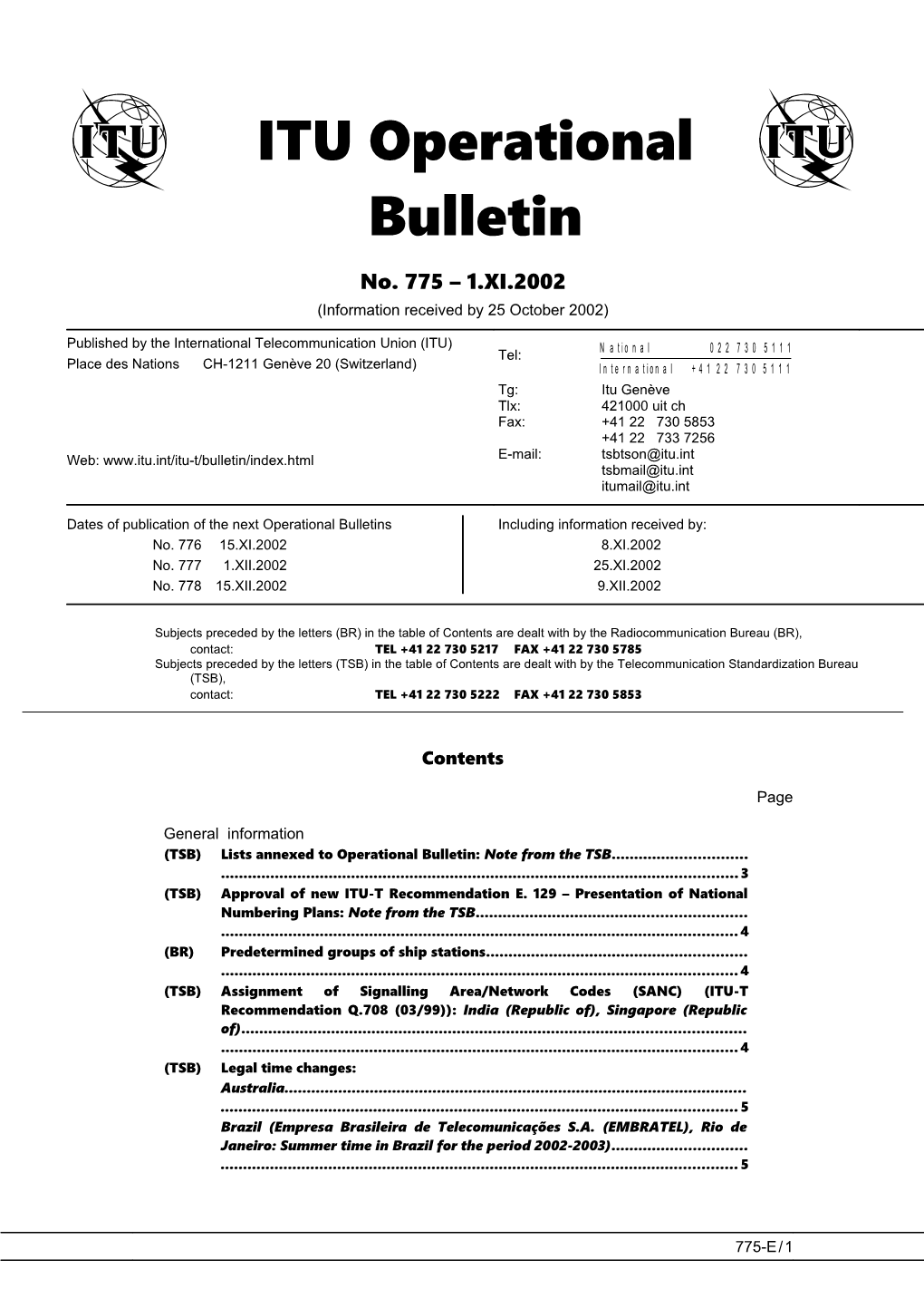 ITU Operational Bulletin 775 - 1.XI.2002