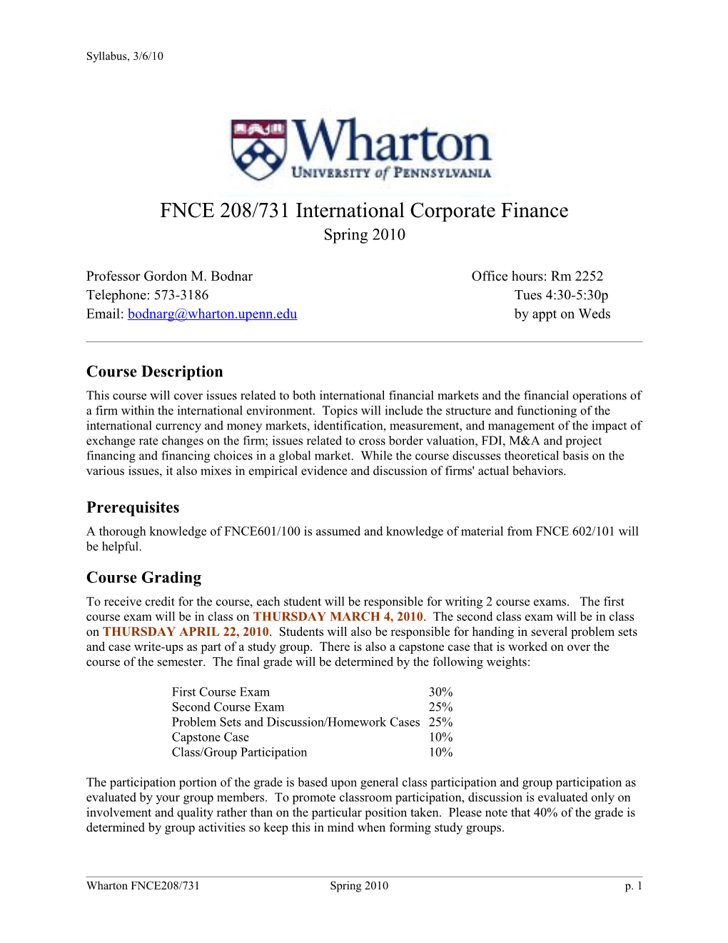 FNCE 208/731 International Corporate Finance