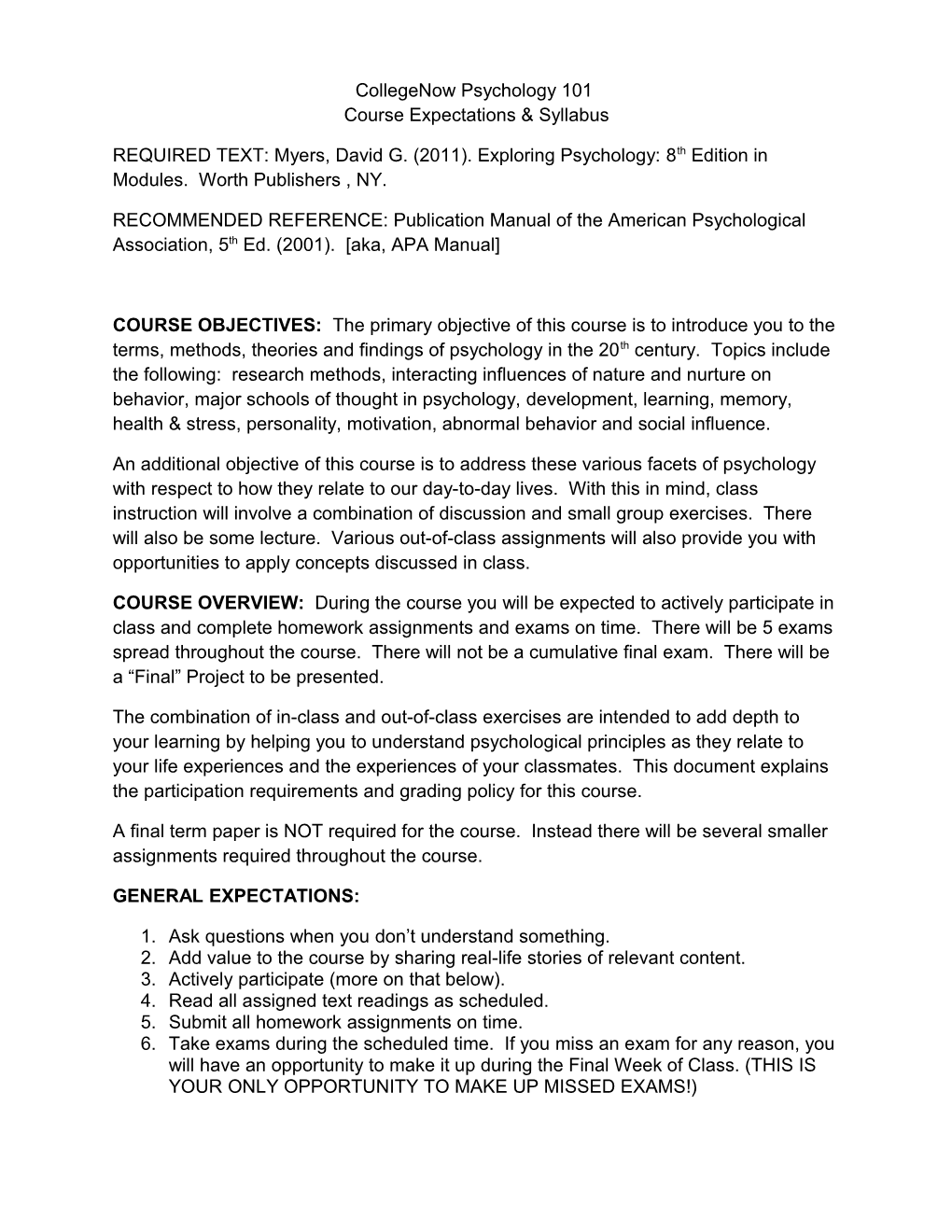 Collegenow Psychology 101 Courseexpectations & Syllabus