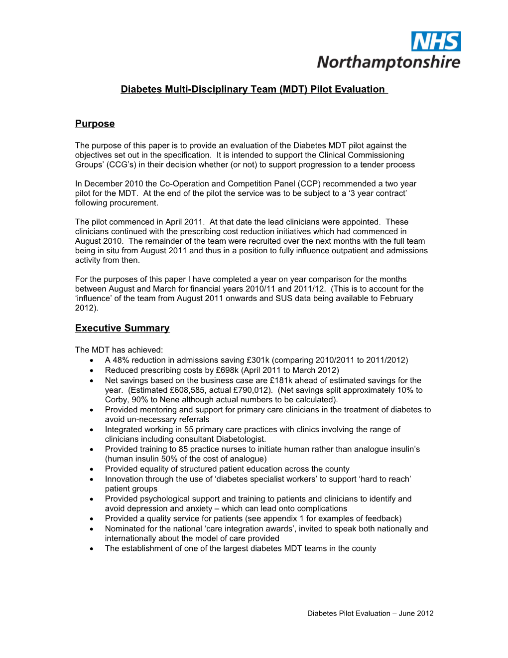 Diabetes Multi-Disciplinary Team (MDT) Pilot Evaluation