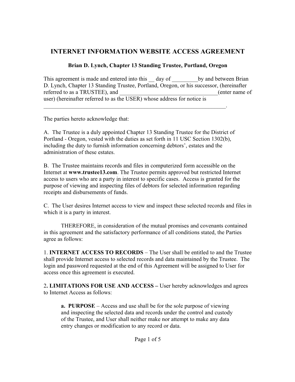 Internet Information Website Access Agreement