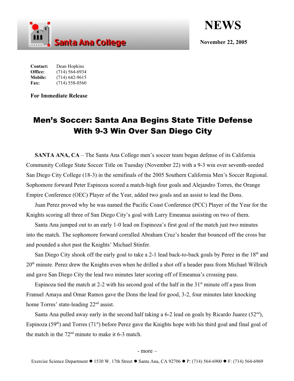 Men S Soccer: Santa Ana Begins State Title Defense with 9-3 Win Over San Diego City