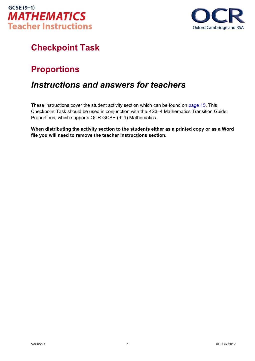 GCSE (9-1) Mathematics Checkpoint Task (Proportions)
