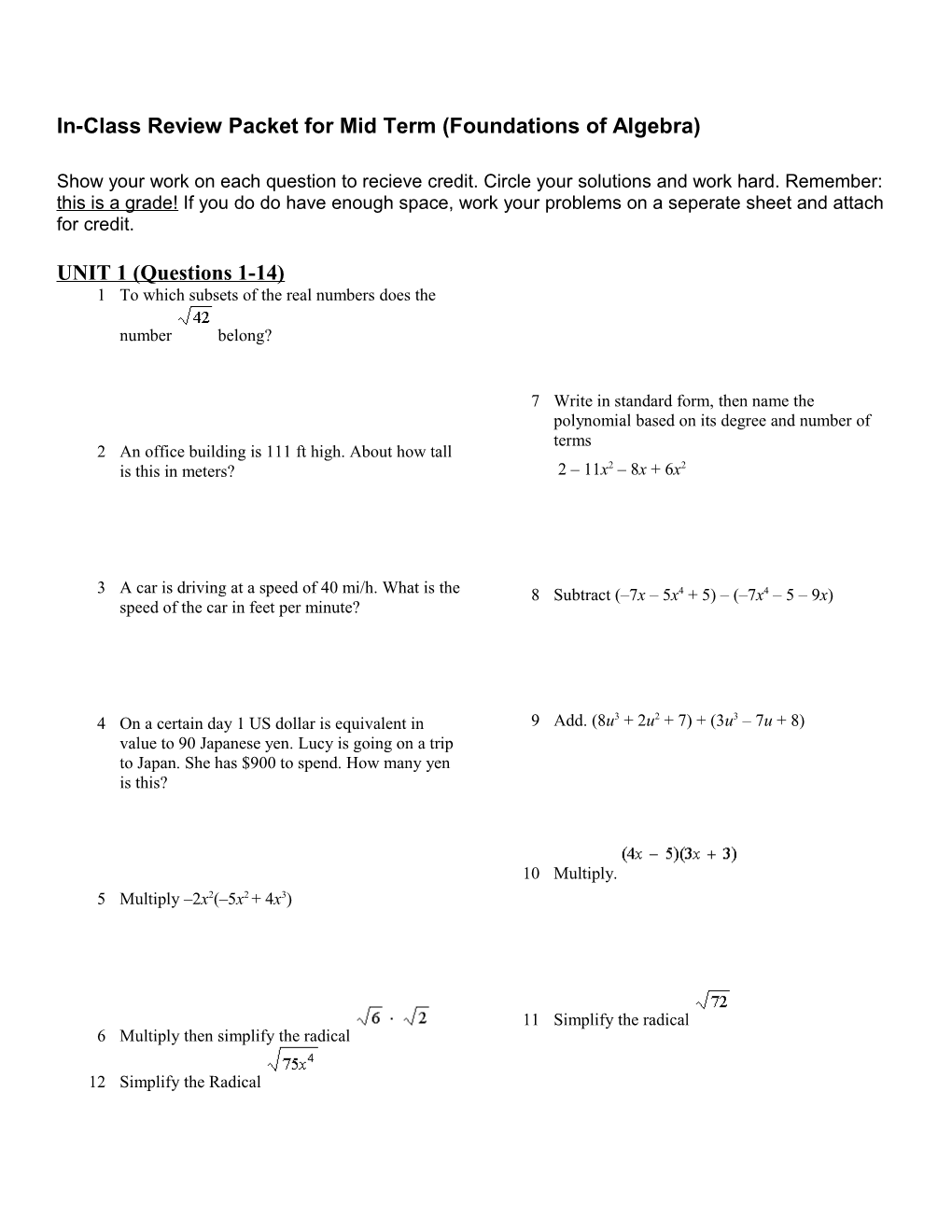 In-Class Review Packet for Mid Term (Foundations of Algebra)