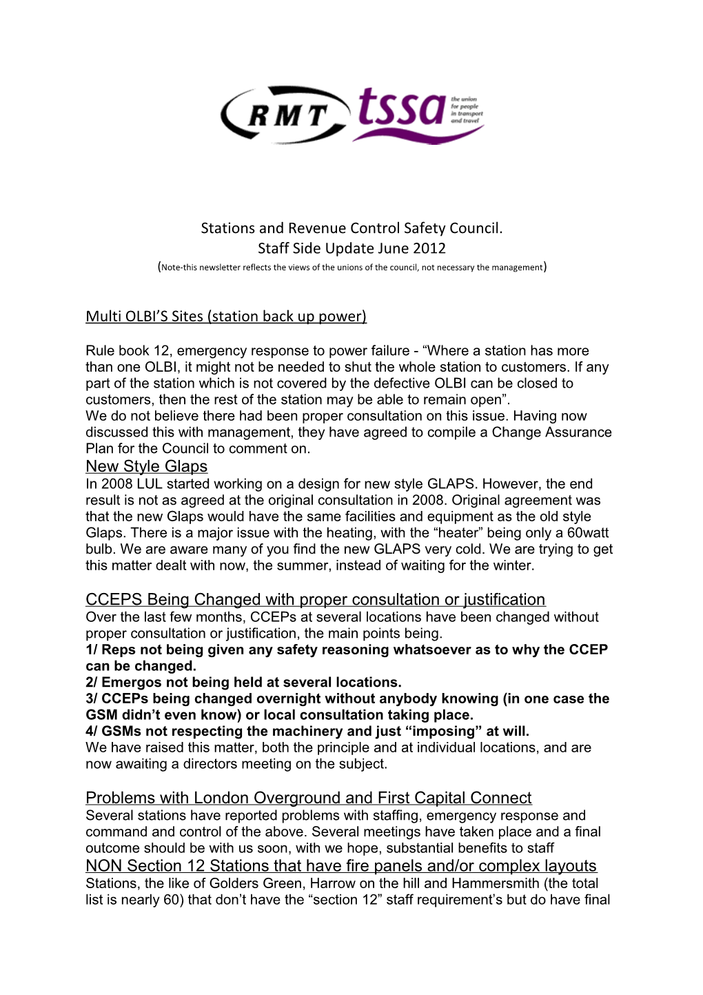 Stations and Revenue Control Safety Council