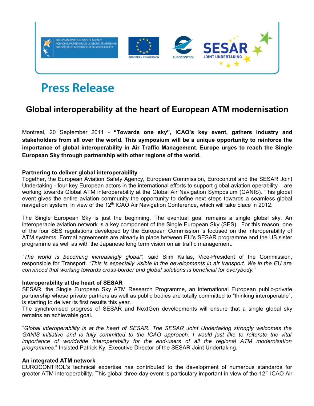 Global Interoperability at the Heart of European ATM Modernisation