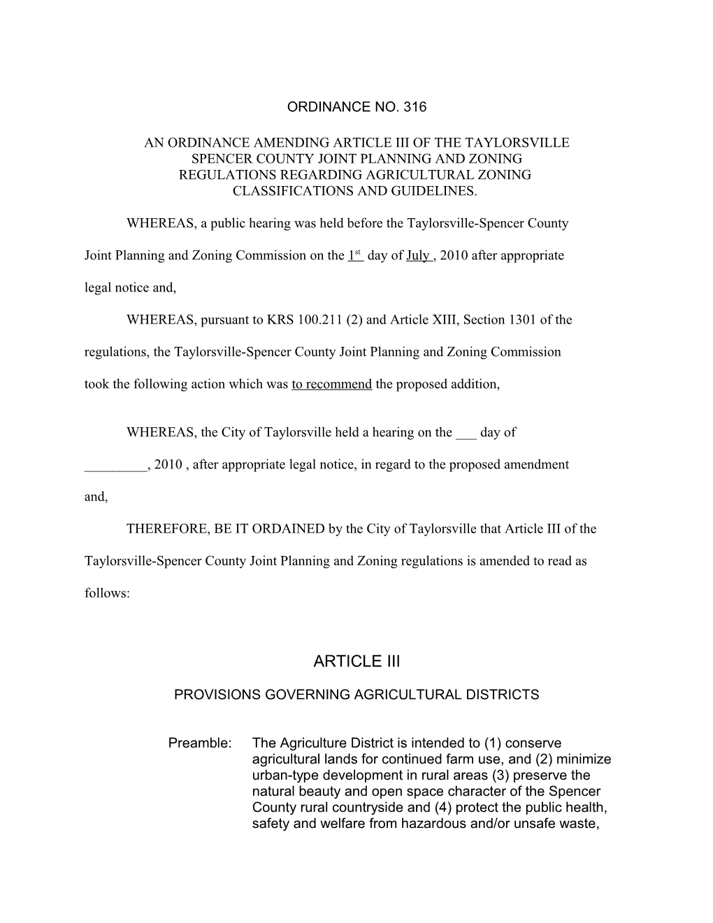 An Ordinance Amending Article Iii of the Taylorsville