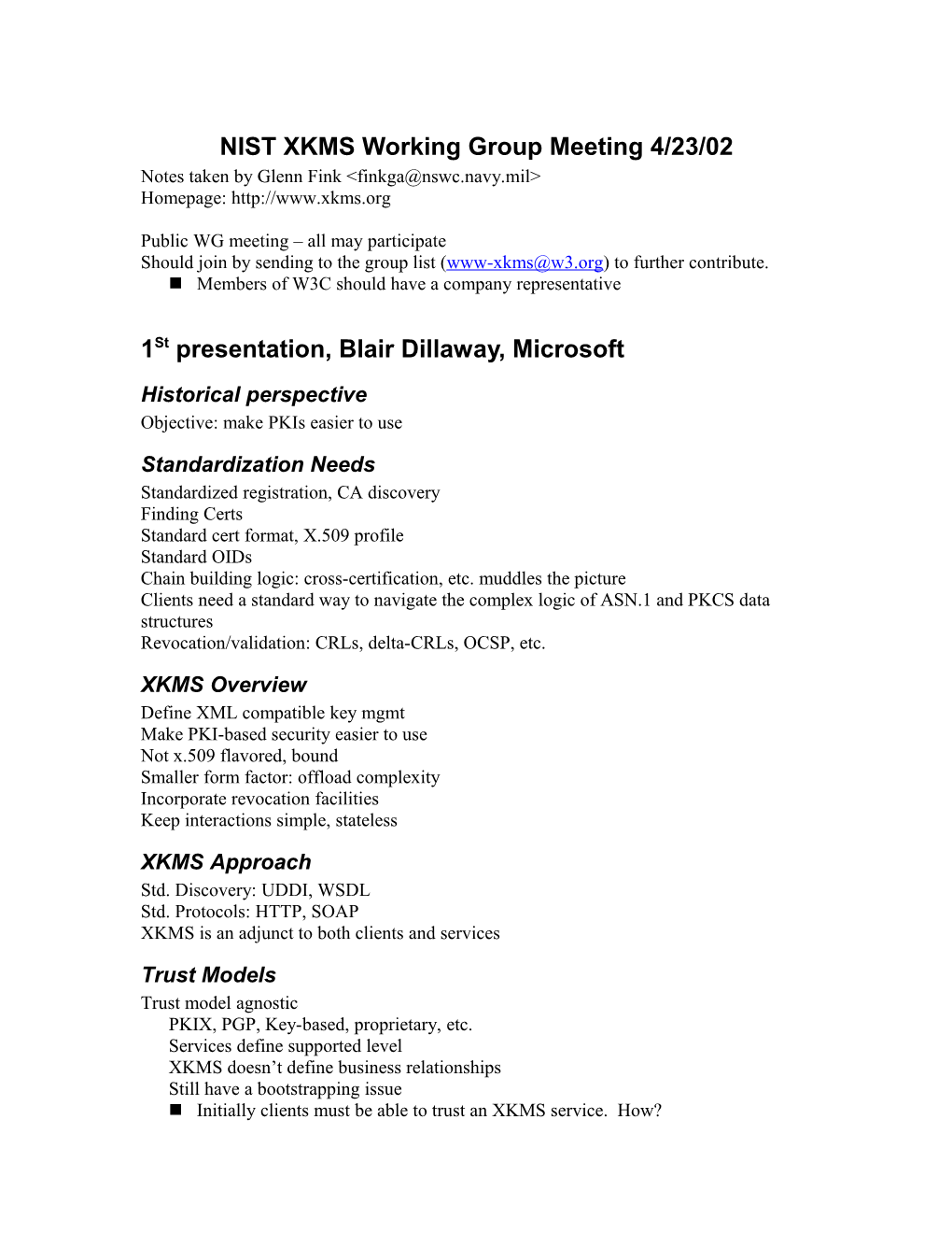 NIST XKMS Working Group Meeting 4/23/02