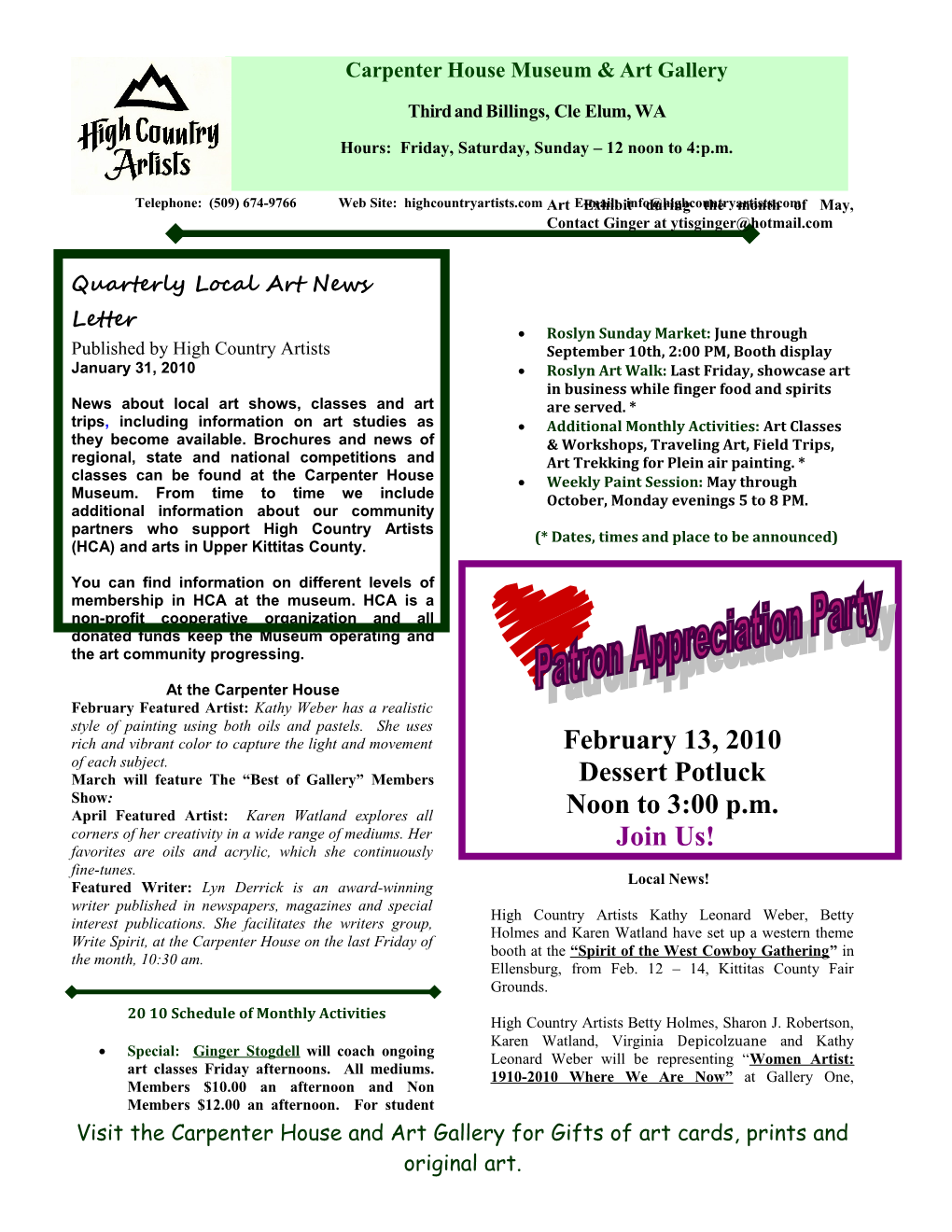 Quarterly Local Art News Letter January 31, 2010