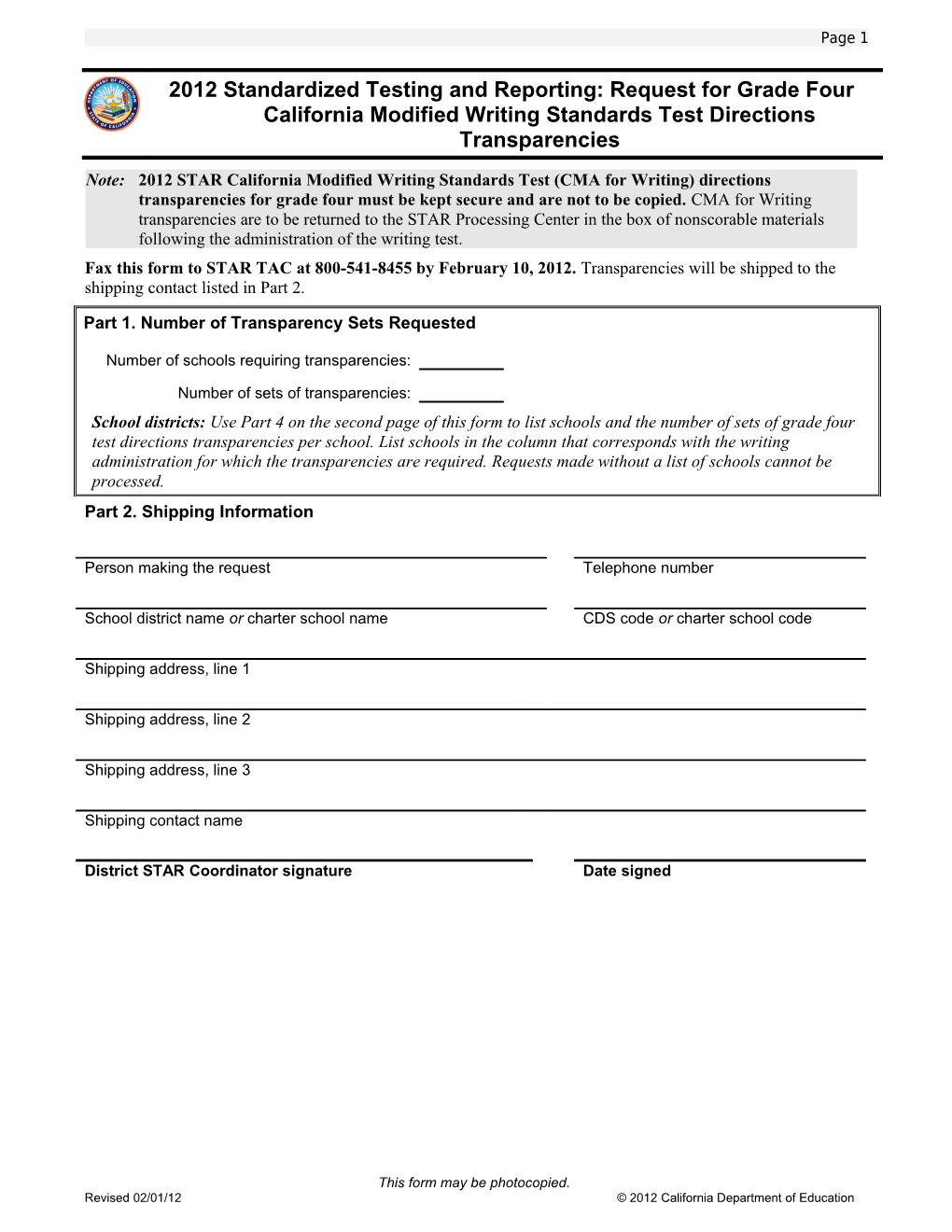 STAR Grade 4 Writing Transparencies Request Form
