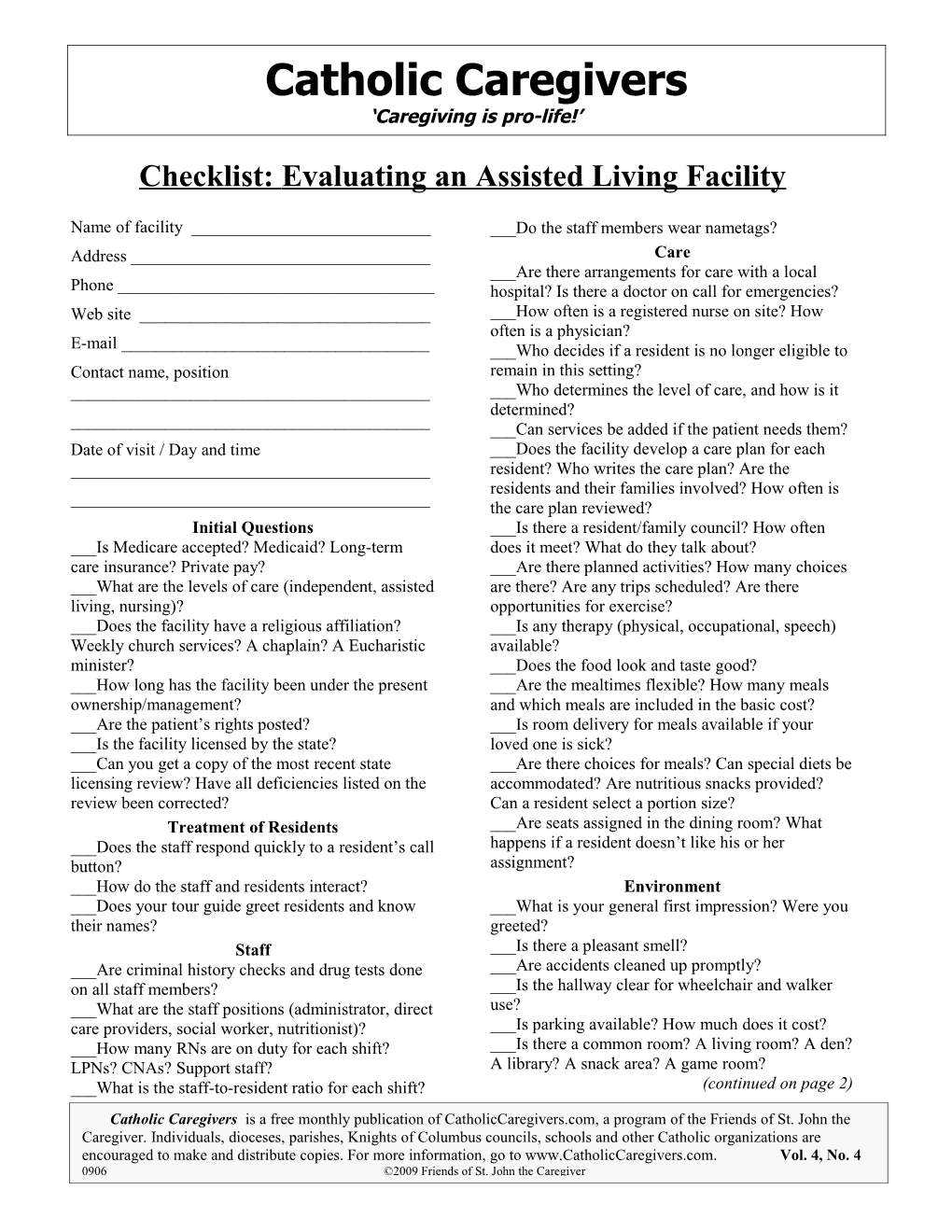 Checklist: Evaluating an Assistedliving Facility