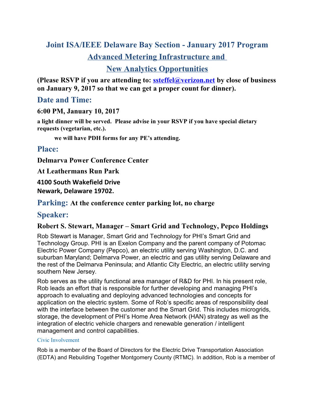 Joint ISA/IEEE Delaware Bay Section - January 2017 Program