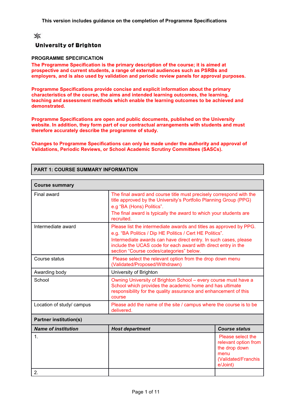 Programme Specification Template Guidance