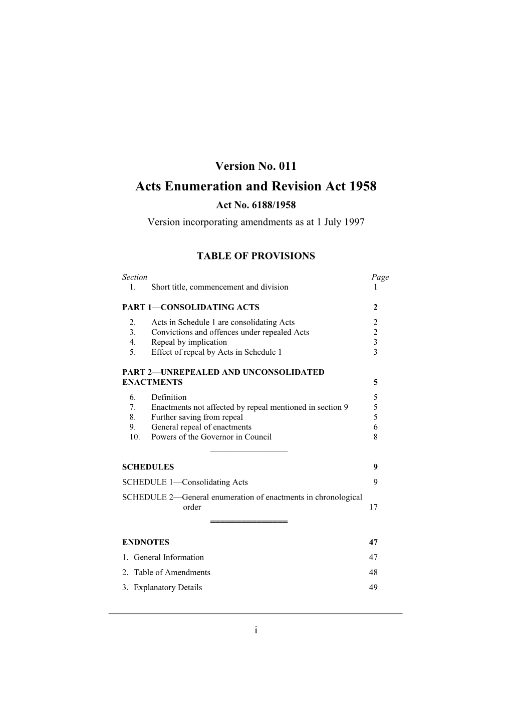 Acts Enumeration and Revision Act 1958