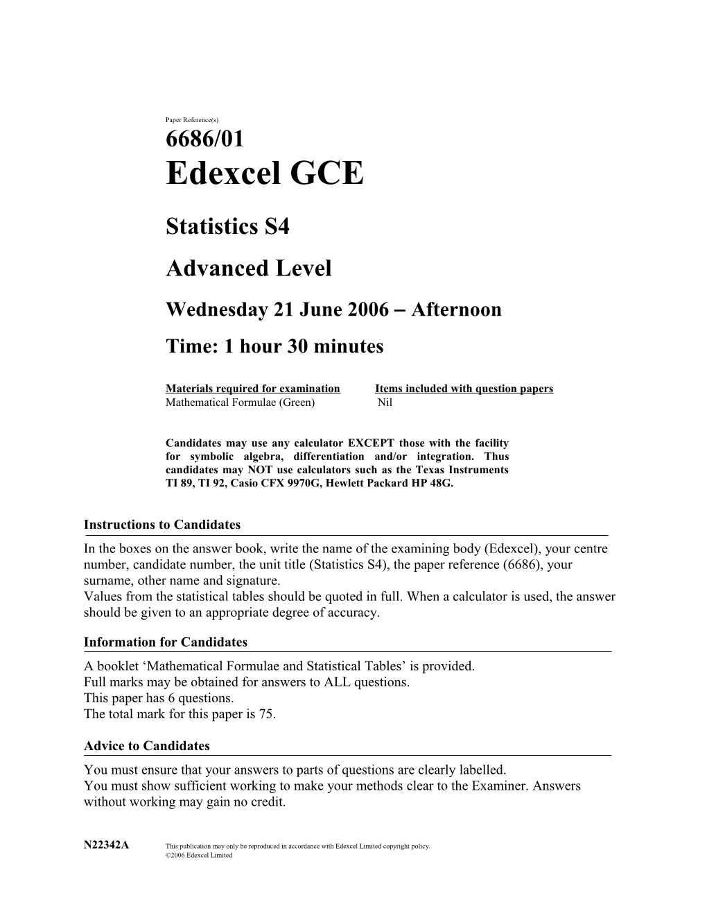 June 2006 - 6686 Statistics S4 - Question Paper