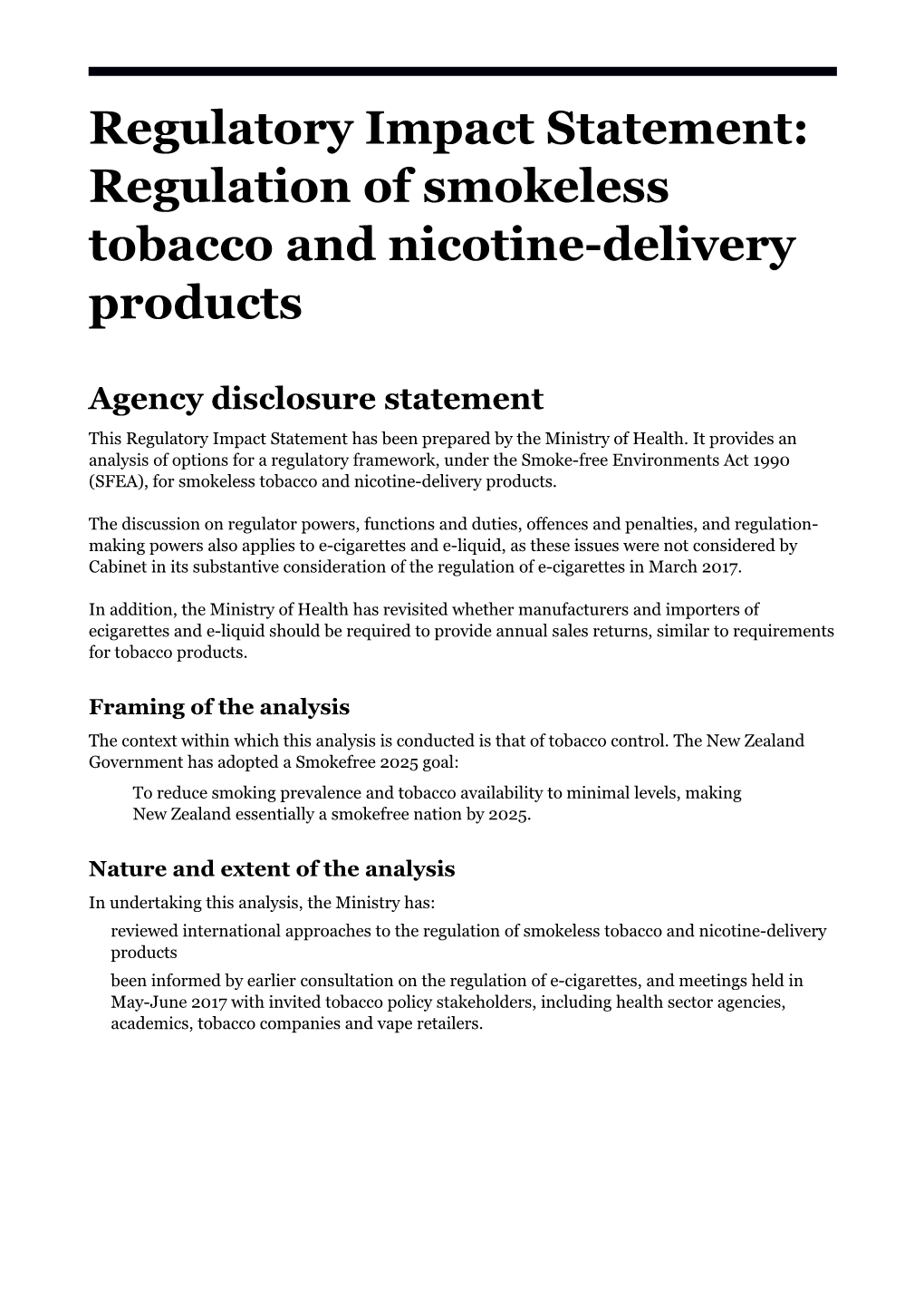 Regulatory Impact Statement: Regulation of Smokeless Tobacco and Nicotine-Delivery Products