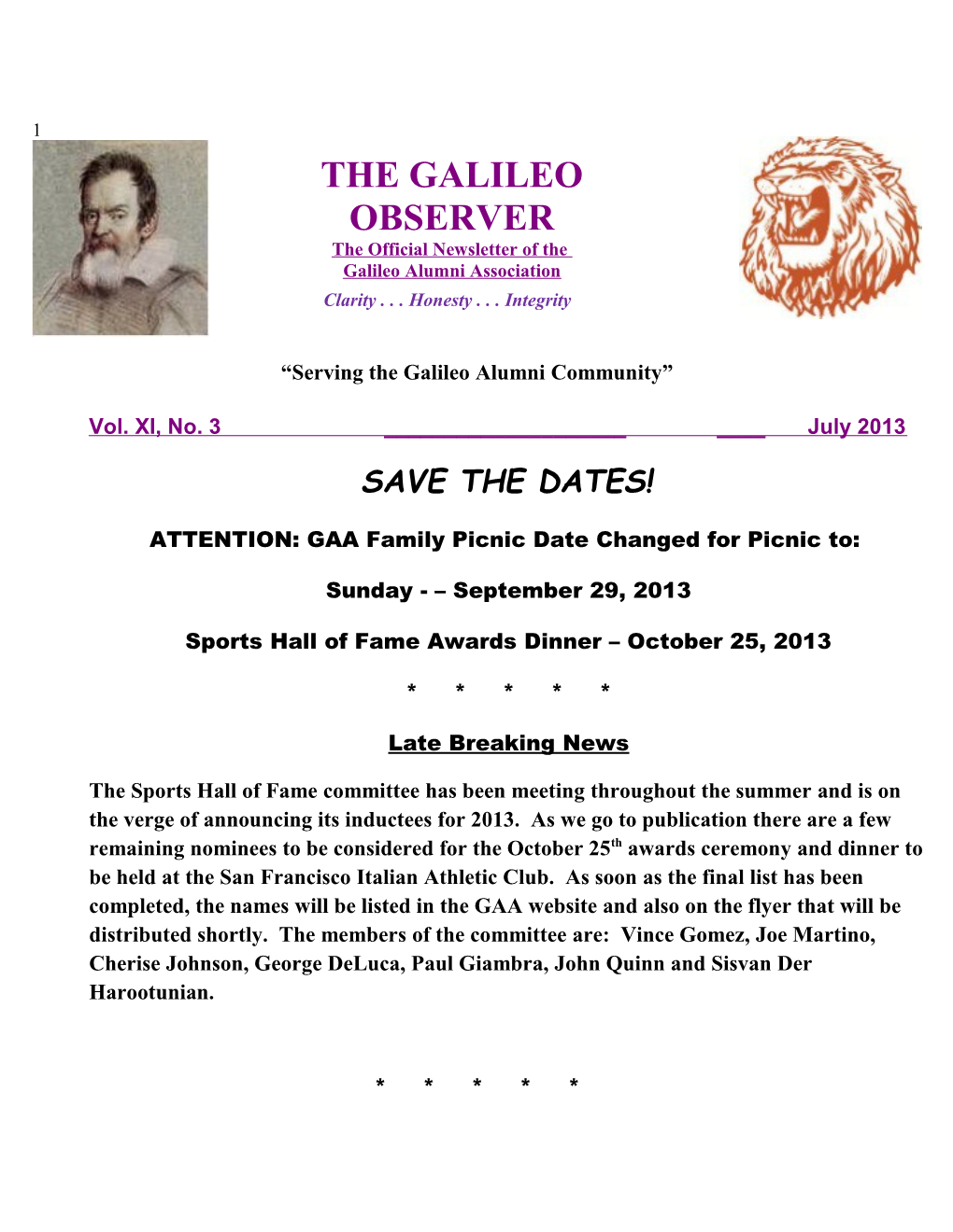 THE GALILEO OBSERVER a Monthly Newsletter of the Galileo Alumni Association