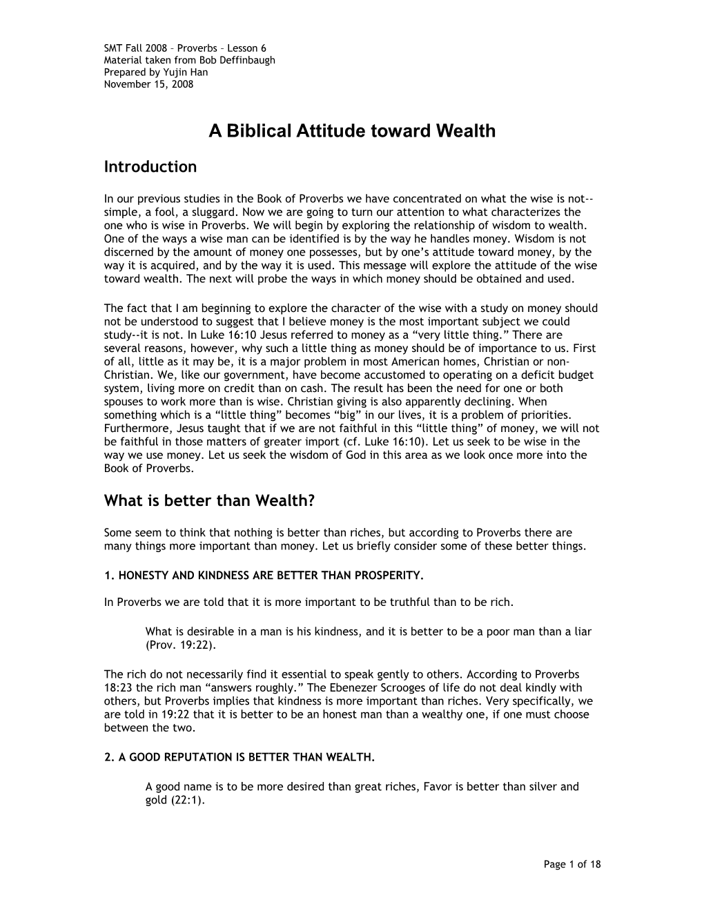 A Biblical Attitude Toward Wealth