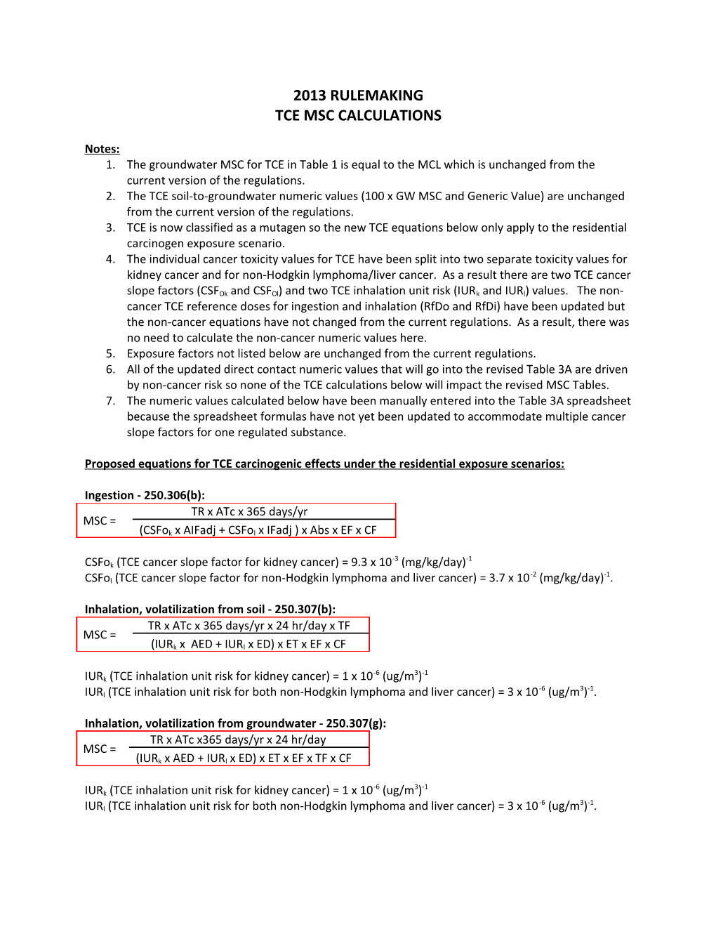 Tce Msc Calculations